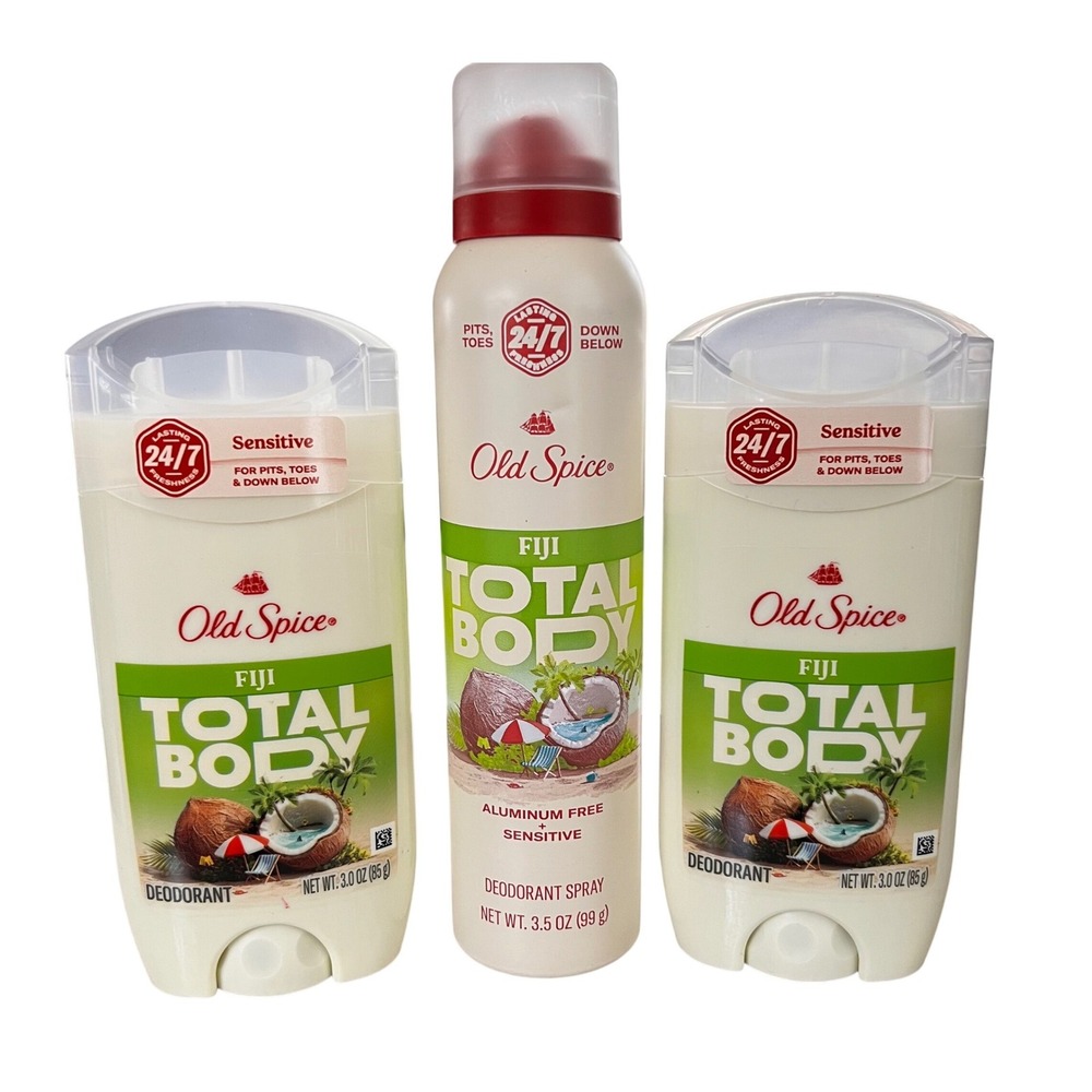 Old Spice Total Body Fiji Deodorant Bundle 2 Sticks 1 Spray Aluminum Free New